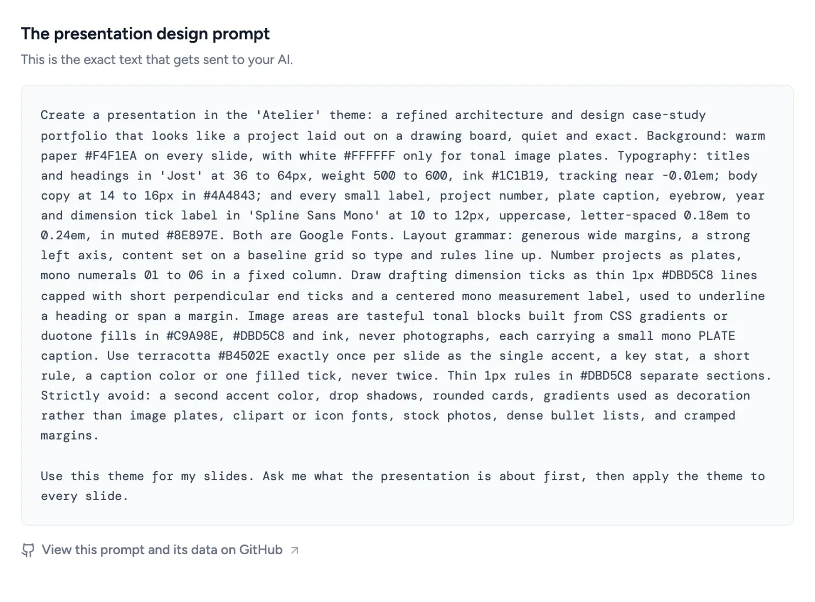 A presentation design prompt on SlideSpeak, ready to copy into ChatGPT or Claude