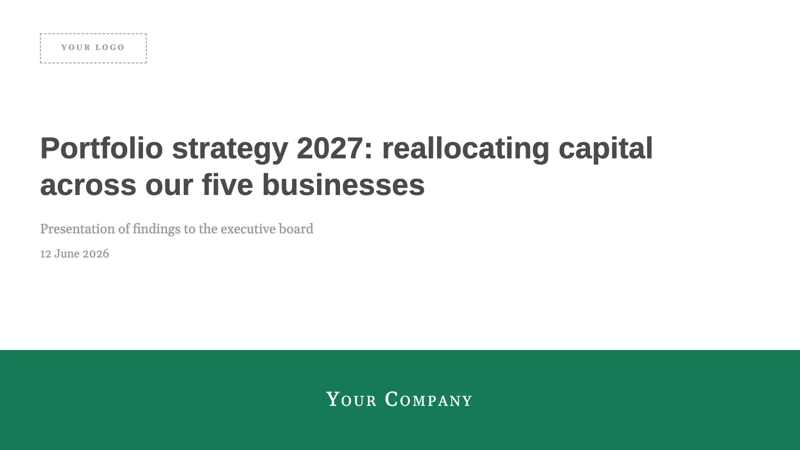 BCG-style presentation title slide, a green consulting deck design