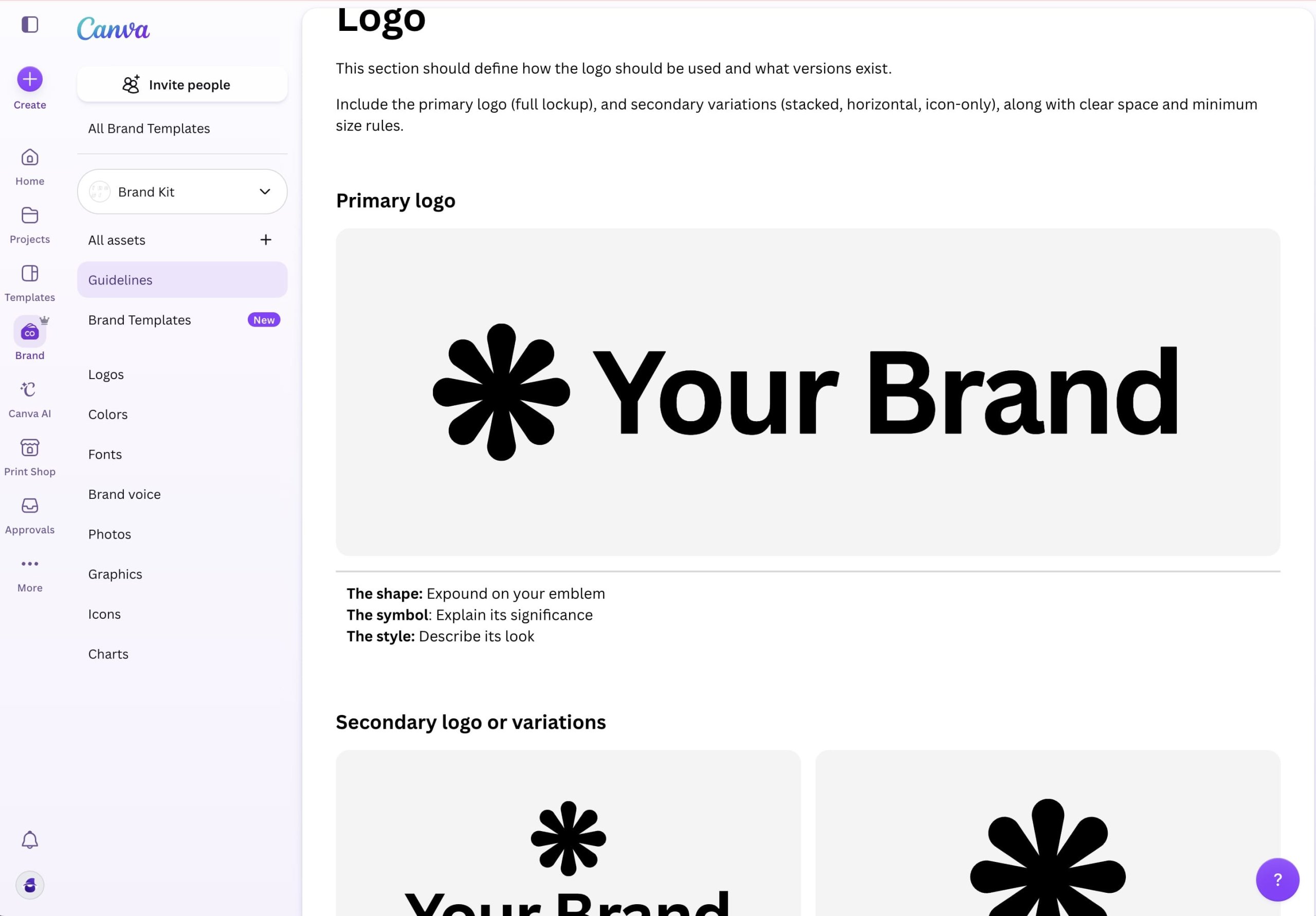 Canva Brand Kit interface showing logos, colors, and fonts