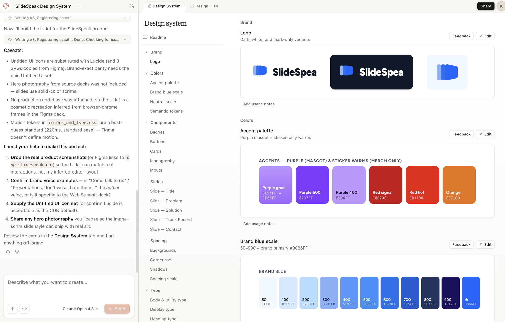 Claude Design showing a Design System view with logo variants, accent palette, brand blue scale, and a list of components and slide layouts in the sidebar