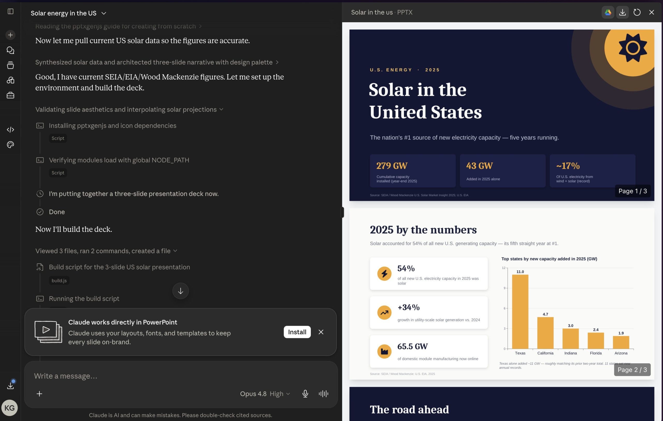 A presentation about Solar in the United States generated by Claude, with navy and yellow colors and serif typography that Claude chose, not the user's brand