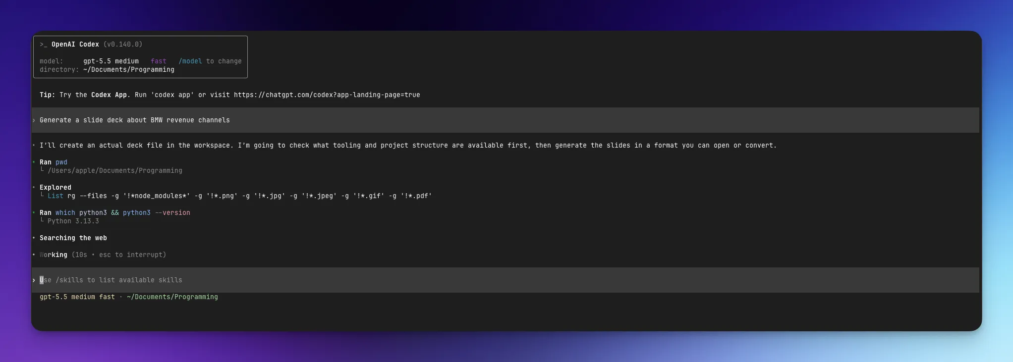 Codex creating slides with SlideSpeak
