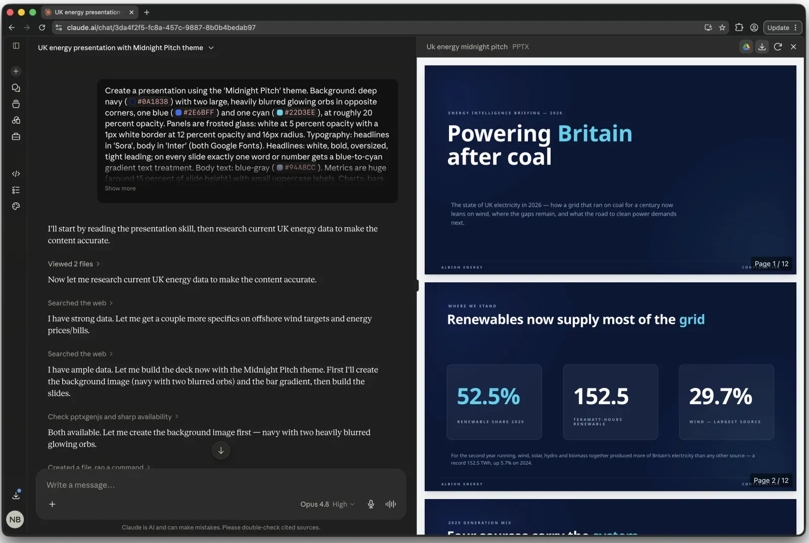 A Midnight Pitch DESIGN.md prompt pasted into Claude, generating an on-brand UK energy deck