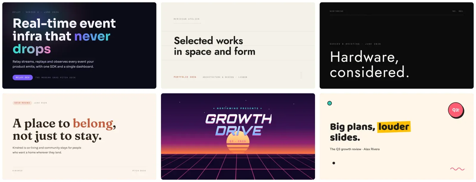 Six on-brand decks built with DESIGN.md for presentations, from a dark SaaS deck to a warm editorial portfolio