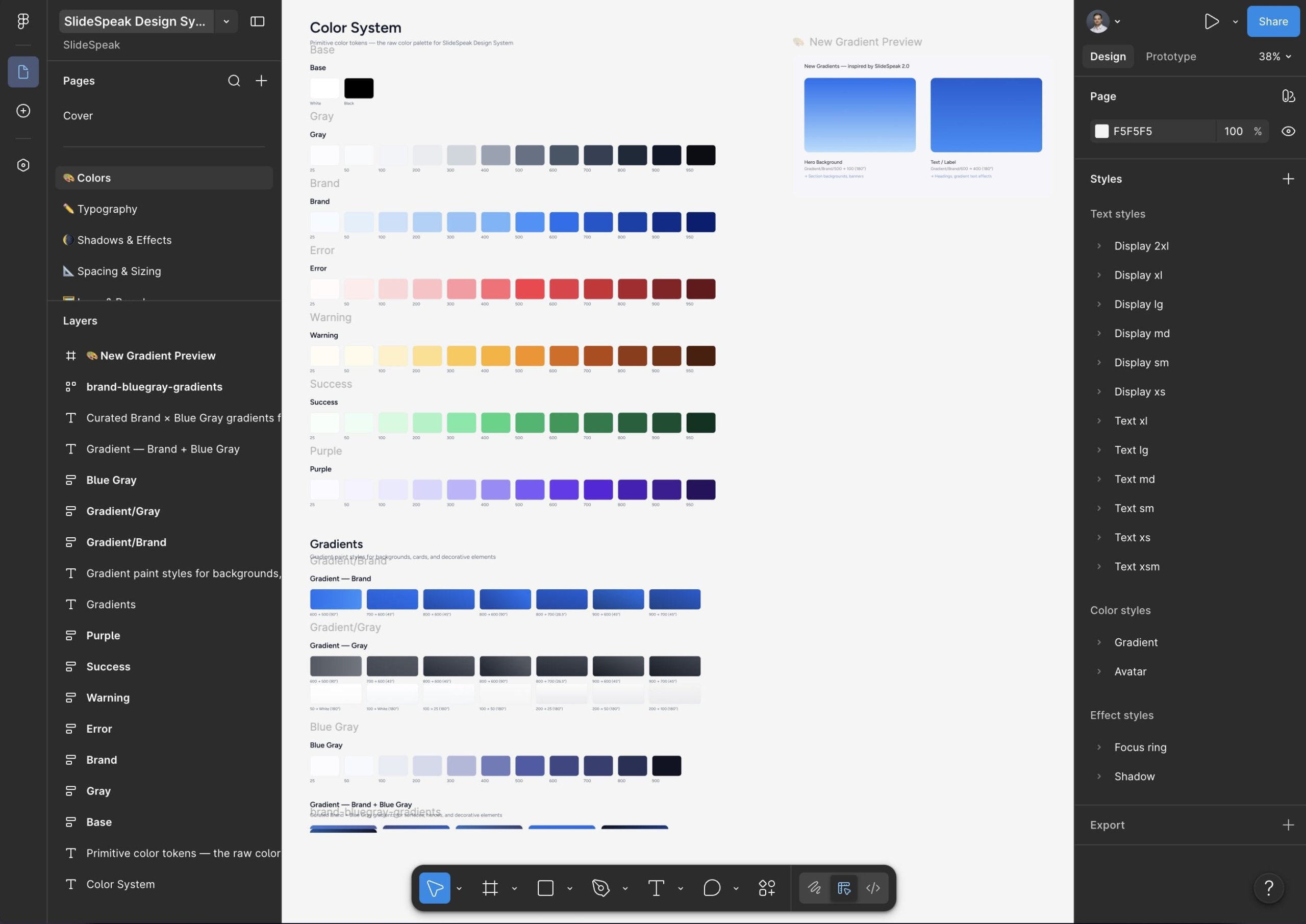 A Figma design system file with components, tokens, and a sidebar of styles