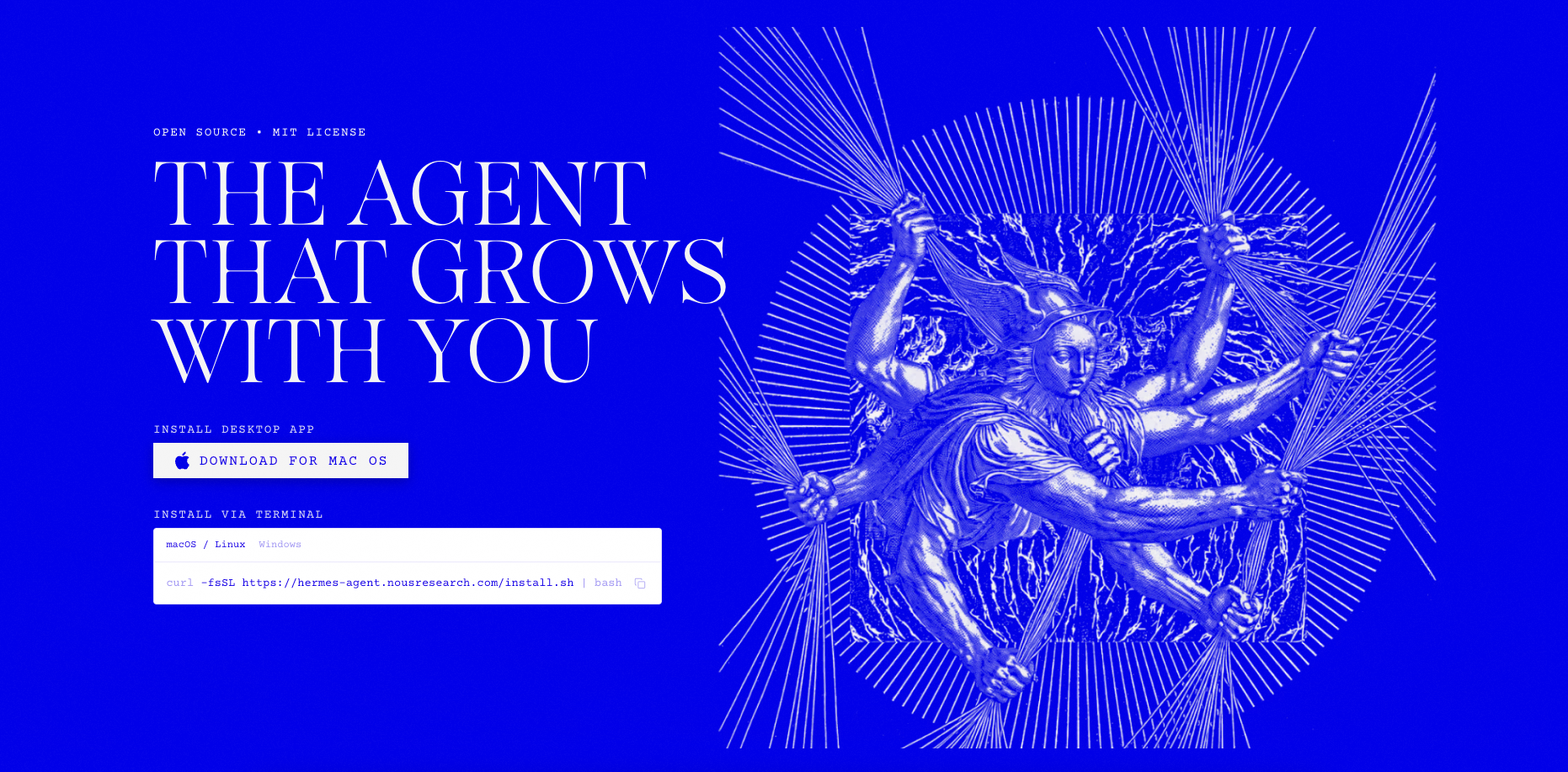 Hermes Agent landing page from Nous Research showing the open-source AI agent with desktop and terminal install options