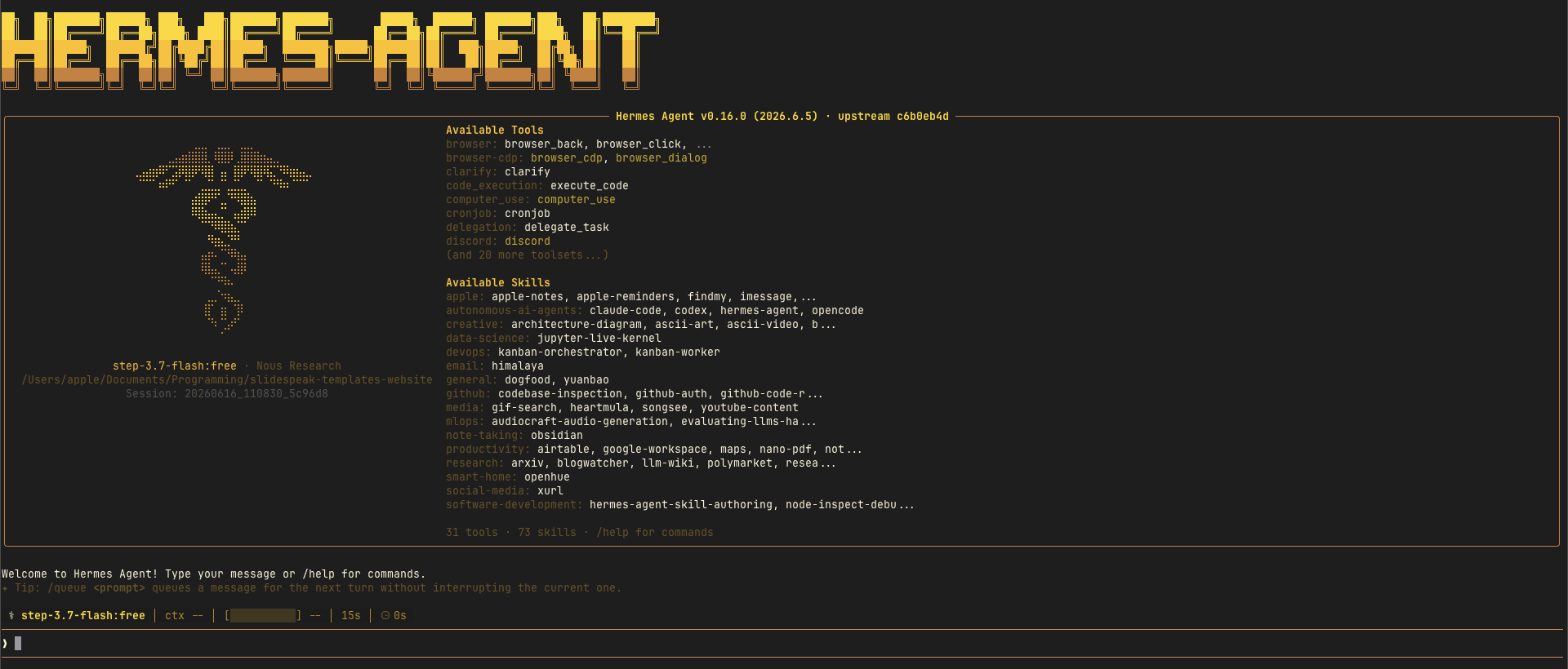 Hermes Agent running in the terminal, listing its available MCP-backed tools and skills at startup