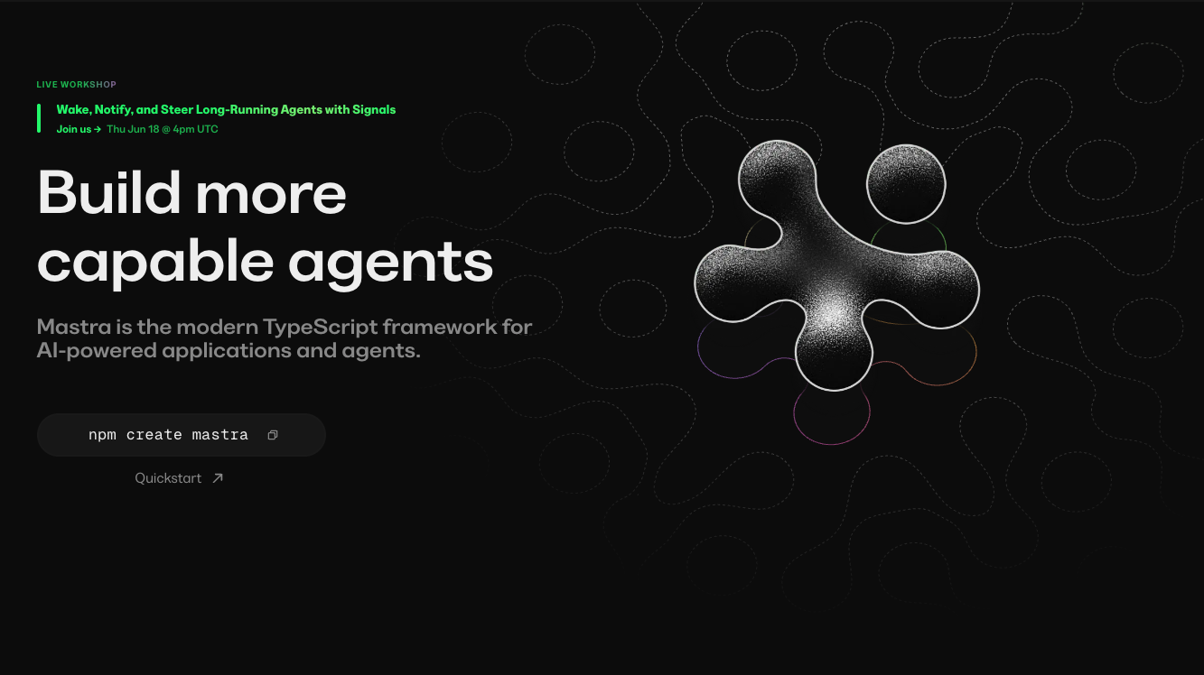 The Mastra homepage, showing the npm create mastra command