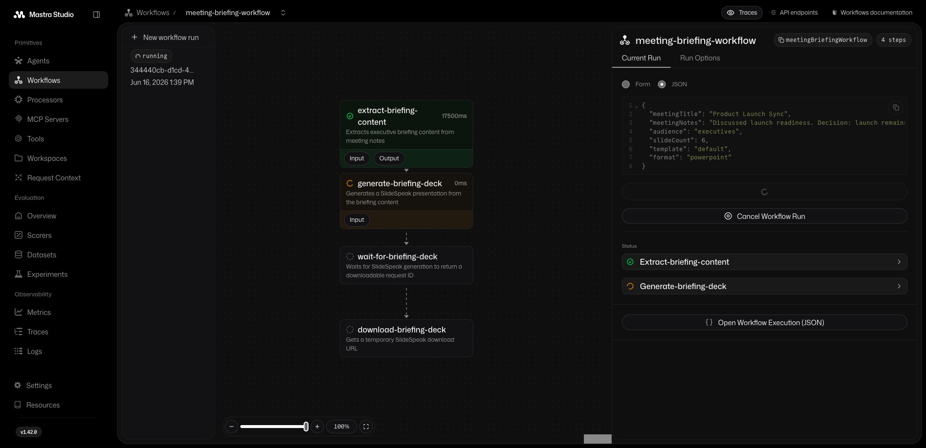 The five-step meeting brief workflow shown in Mastra Studio