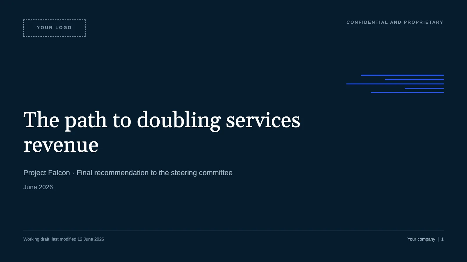 McKinsey-style presentation title slide, a navy consulting deck design