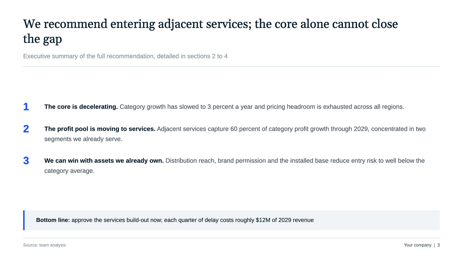 McKinsey-style executive summary slide with an answer-first action title