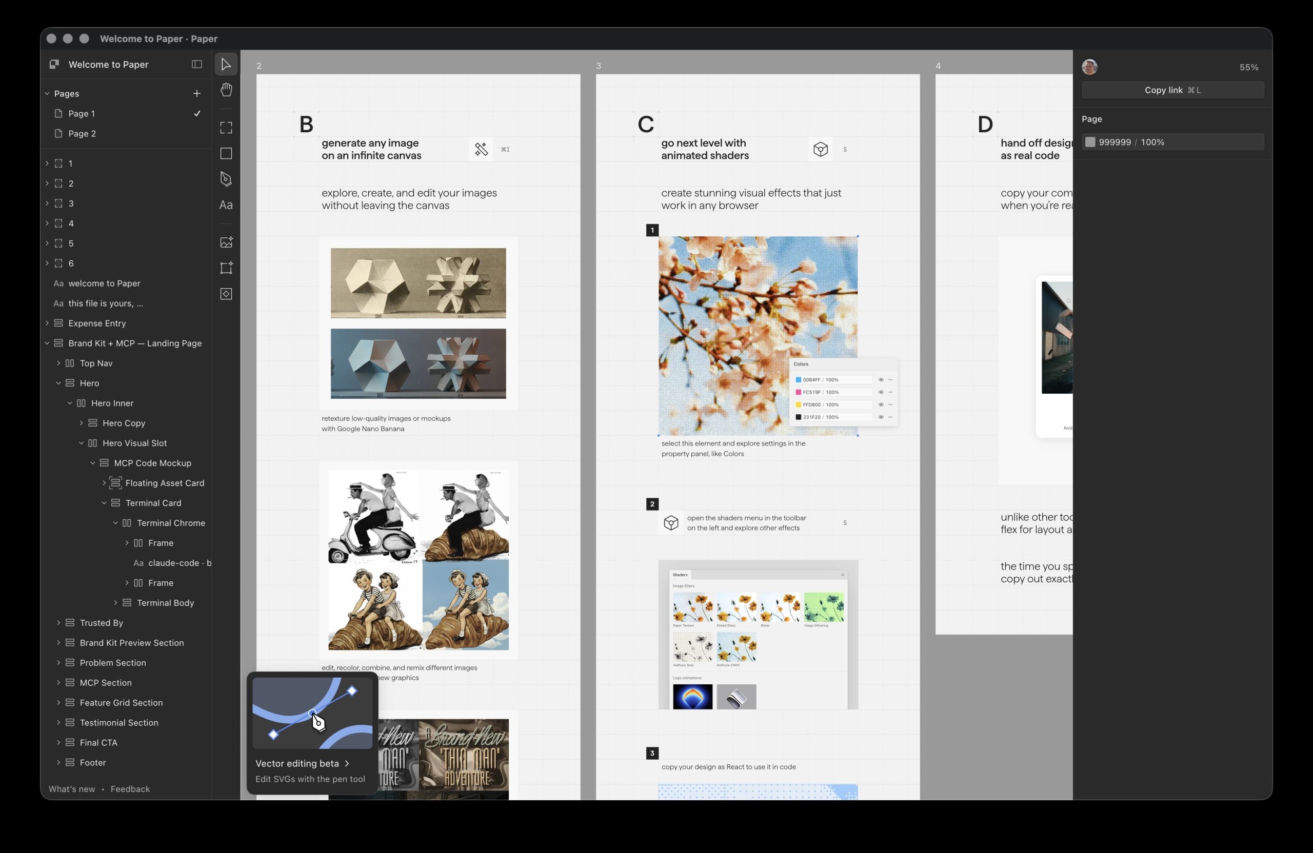 Paper.design canvas with multiple artboards