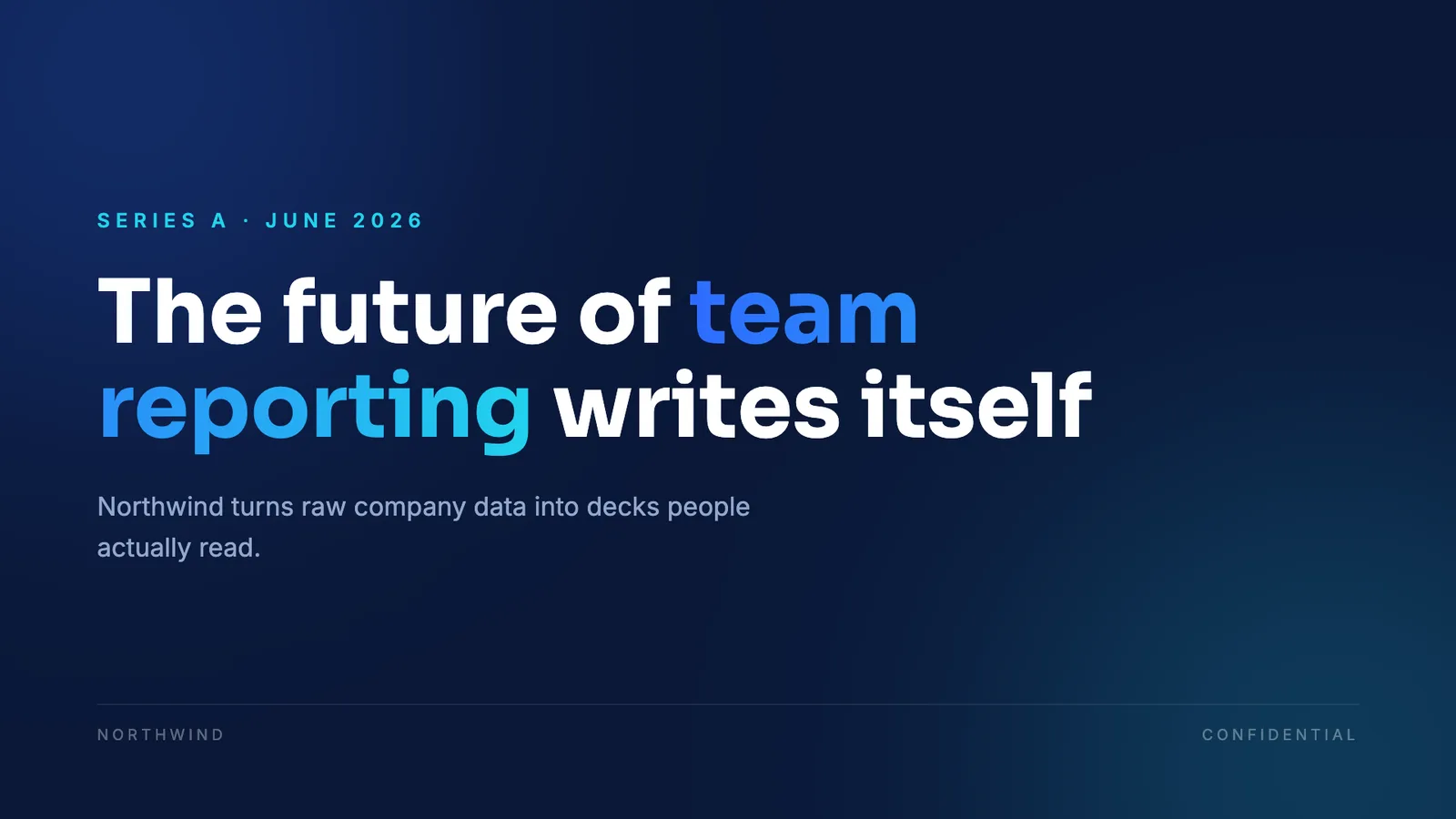 Midnight Pitch deck design example, a dramatic dark high-contrast slide