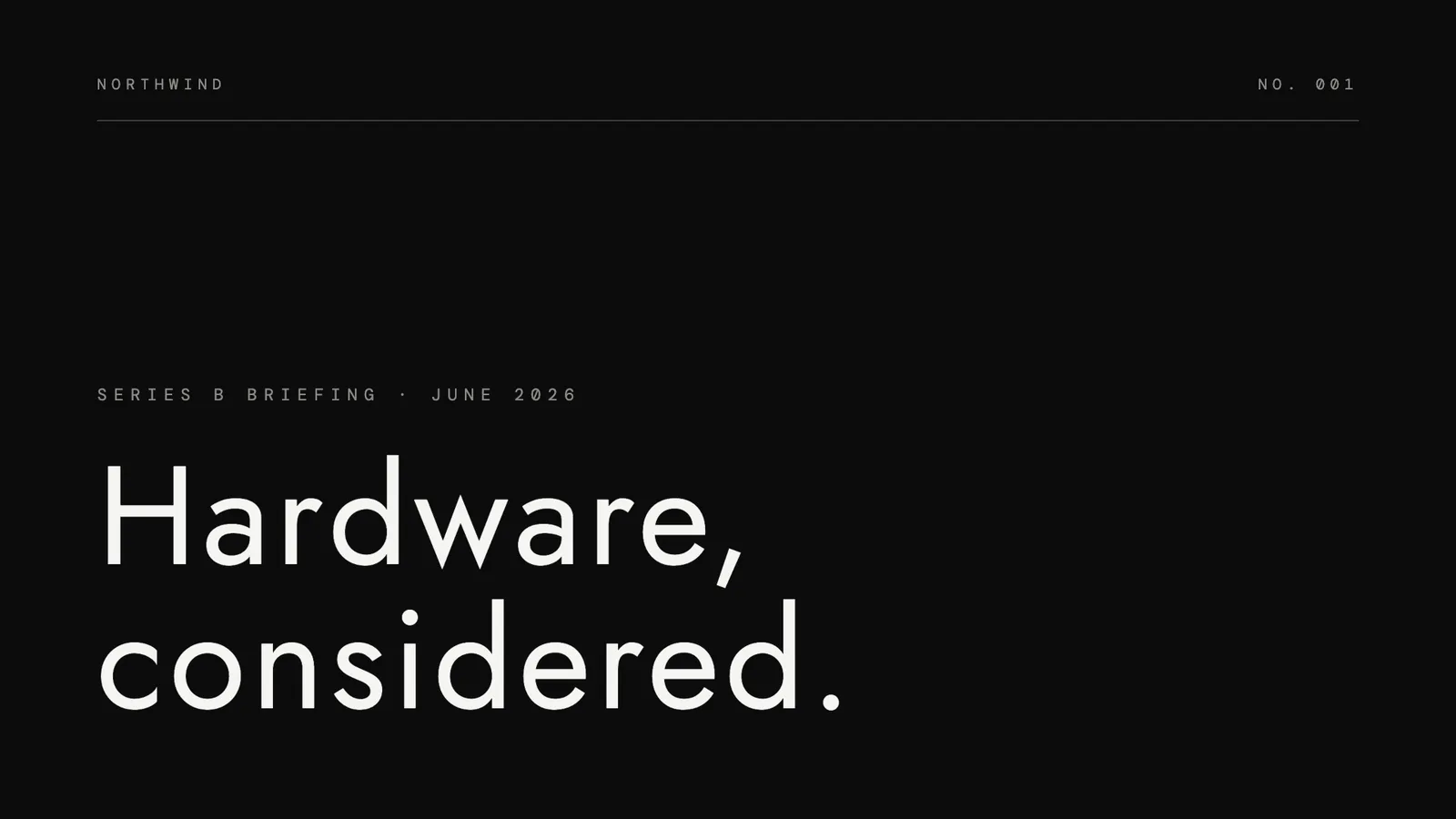 Monolith pitch deck design example, a dark luxury minimal slide