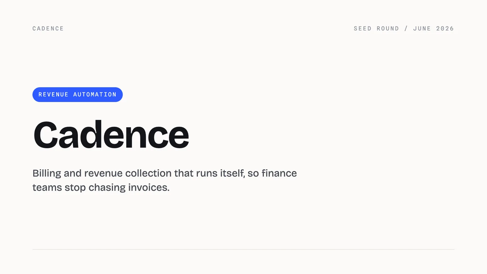 Runway pitch deck design example, a clean minimal startup title slide