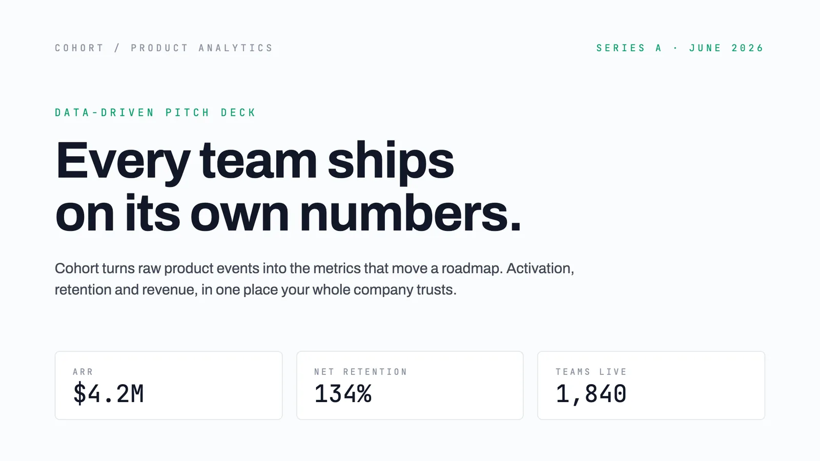 Traction pitch deck design example, a clean data dashboard slide with KPI cards