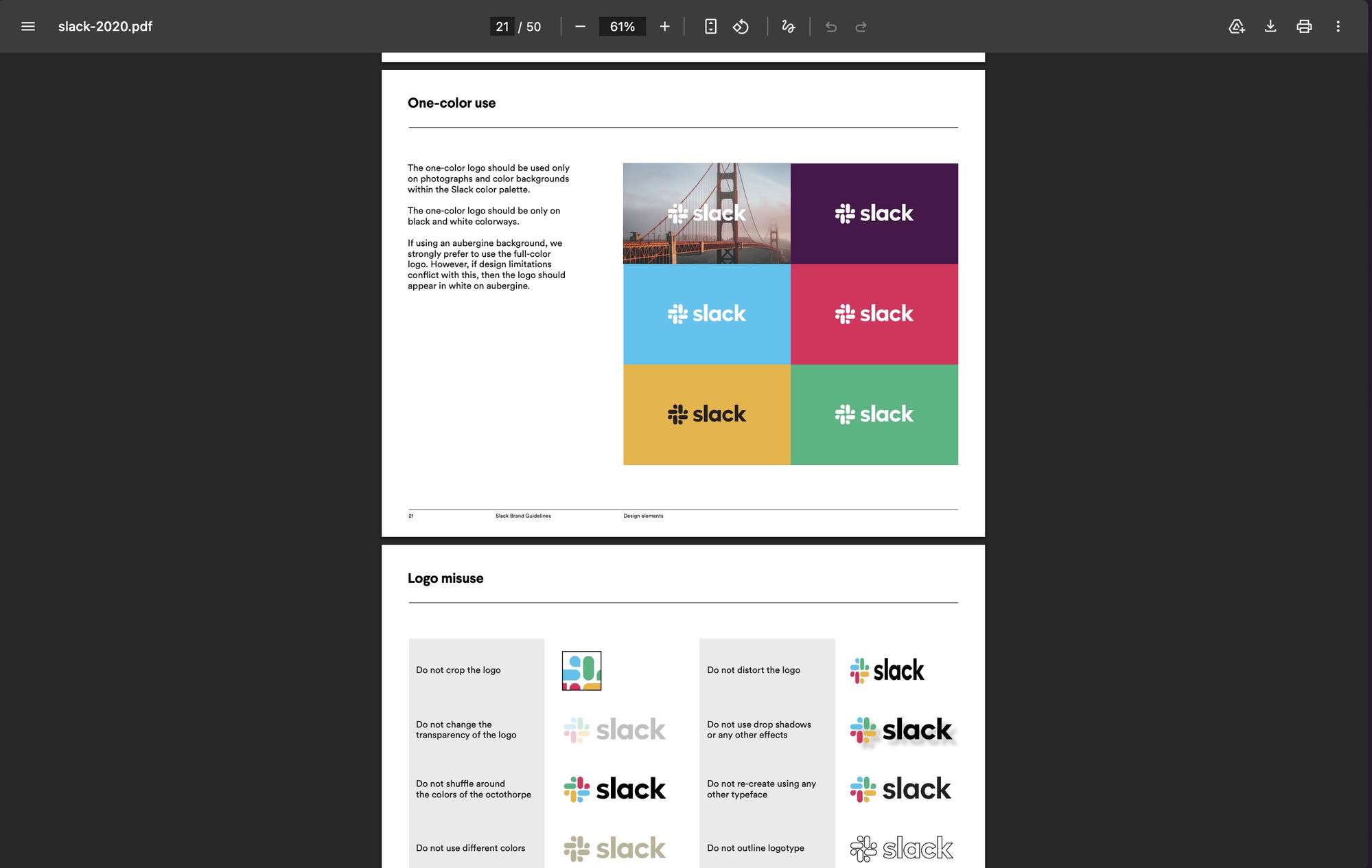 Two pages from Slack's 2020 brand guidelines PDF showing one-color logo usage on photographs and color backgrounds, plus a logo misuse section with do-not-crop and do-not-distort examples