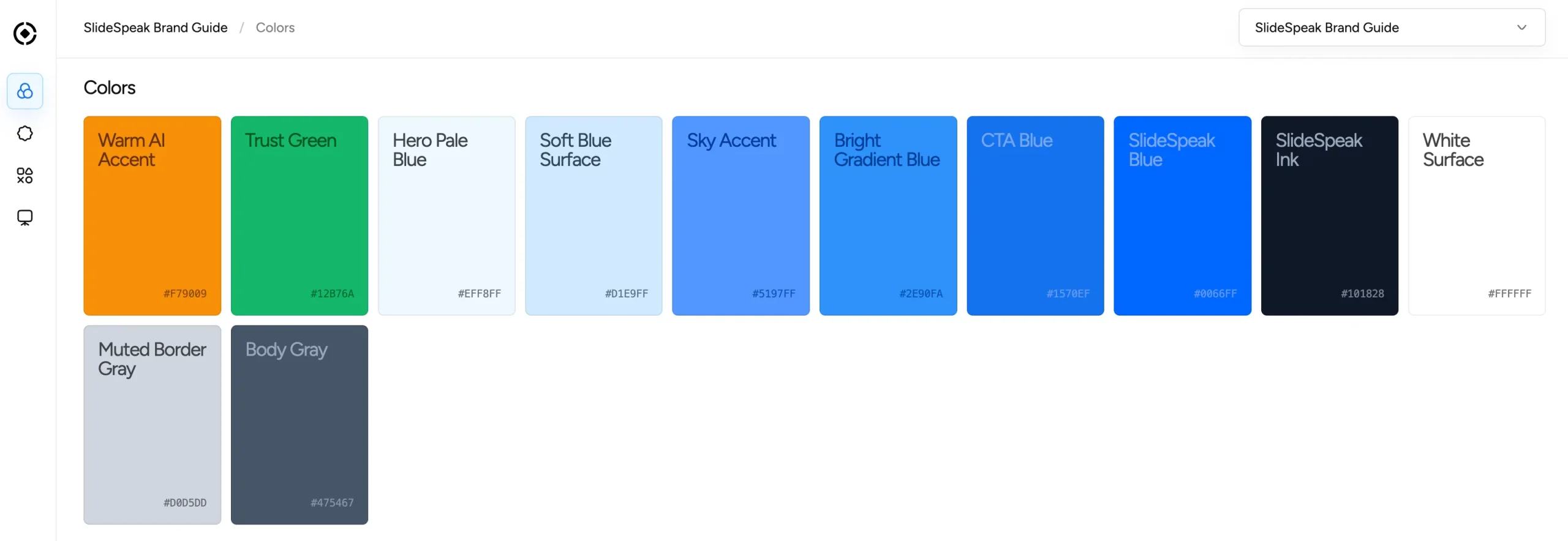 OnBrand dashboard showing SlideSpeak brand color tokens and hex values