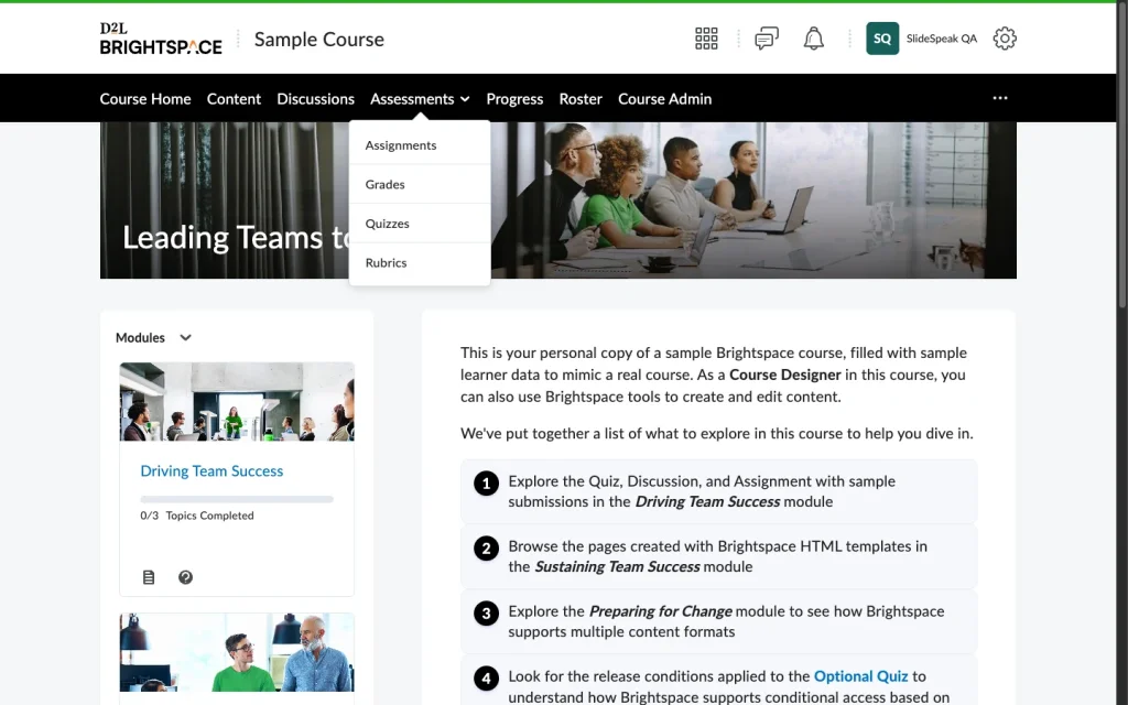 Brightspace course navigation with the Assessments menu open and Quizzes highlighted