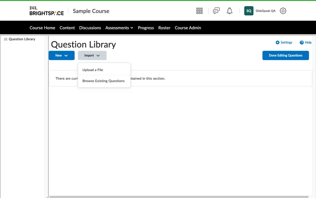 Question Library in Brightspace with the Import menu open showing Upload a File