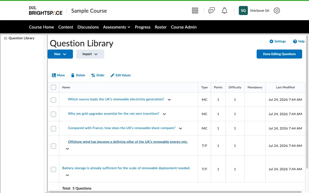 Brightspace Question Library listing the imported multiple-choice and true/false questions with points