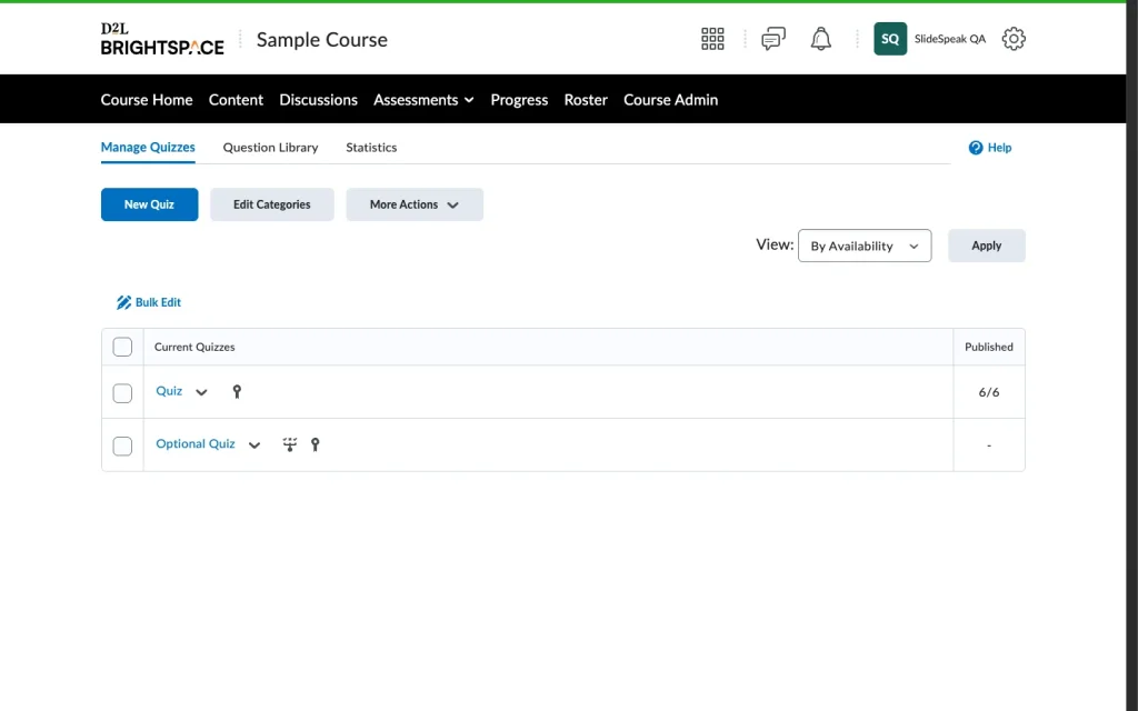 Brightspace Quizzes page with the Question Library tab next to Manage Quizzes
