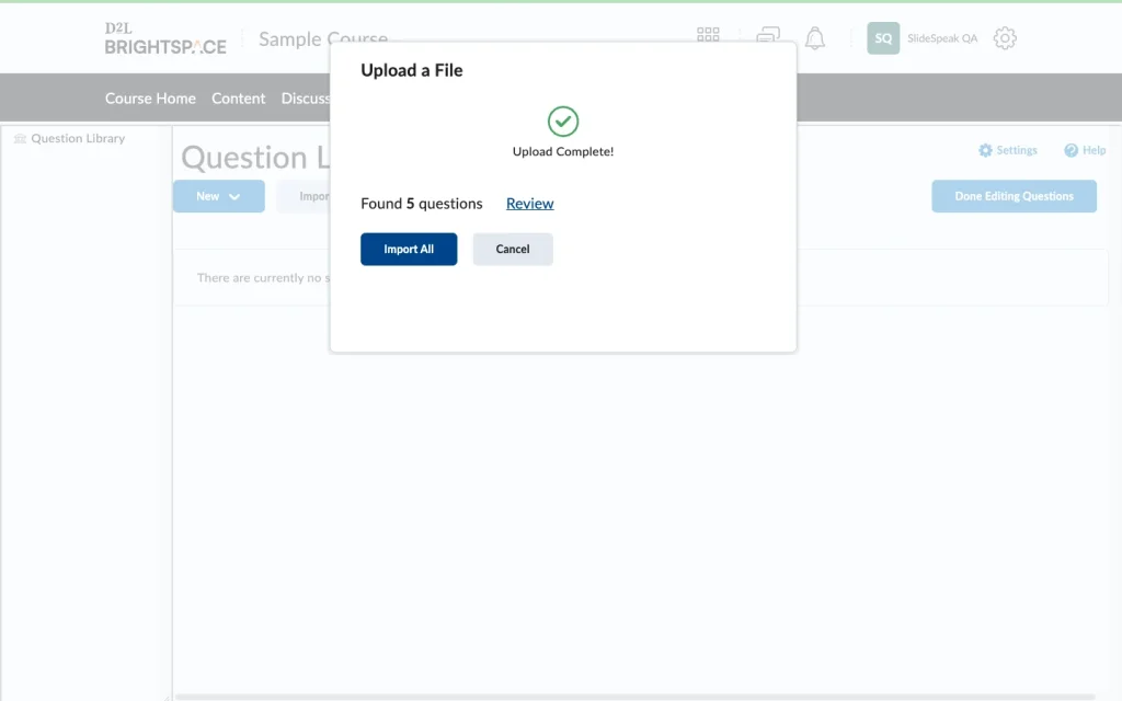 Brightspace confirming the upload and the number of questions found, with an Import All button