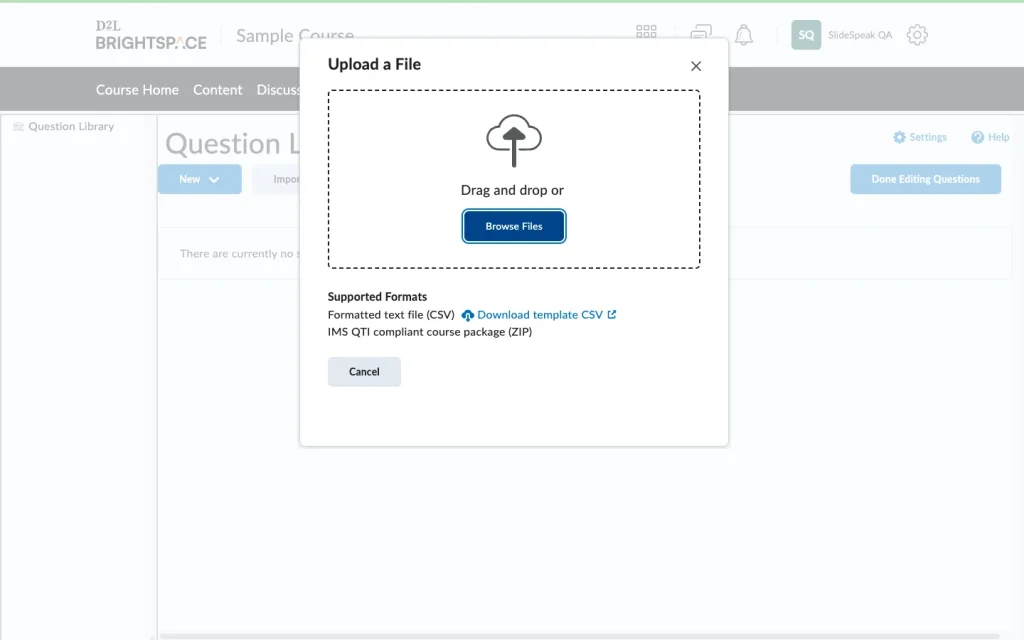 Upload a File dialog in Brightspace with drag and drop area and supported formats listed