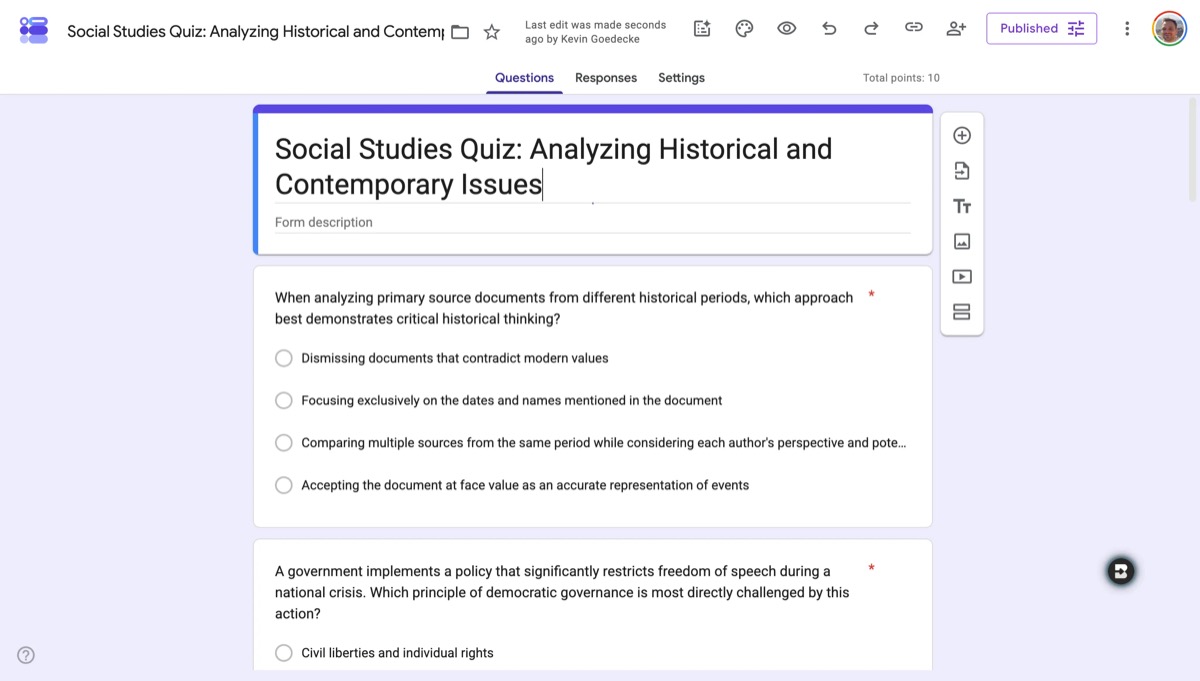 A quiz generated by Brisk opened in Google Forms
