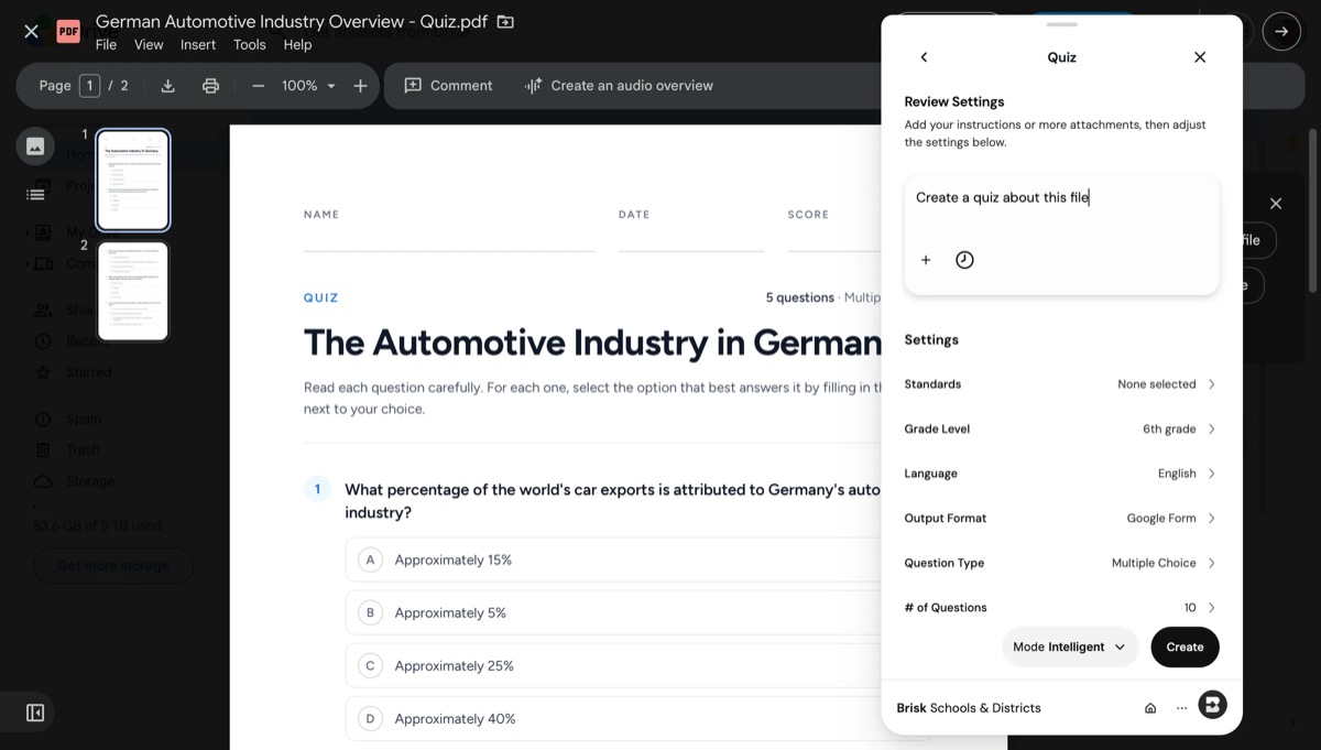 Brisk quiz settings with Google Form selected as the output format
