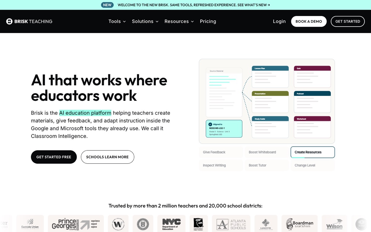 Brisk Teaching homepage showing the AI education platform for teachers