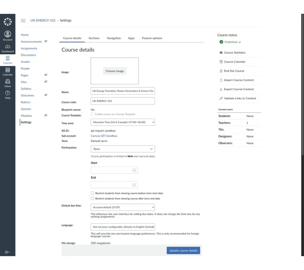 Canvas course Settings page with Import Course Content in the right-hand menu