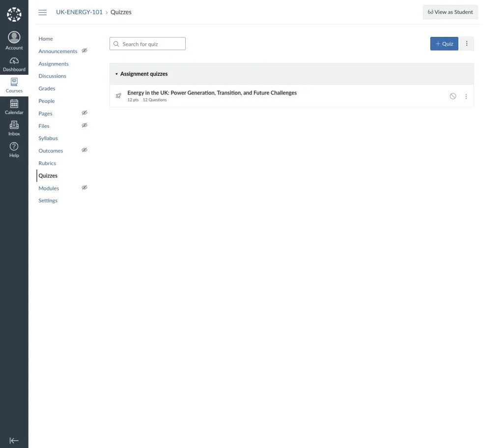 Imported quiz on the Canvas Quizzes page showing its points and question count