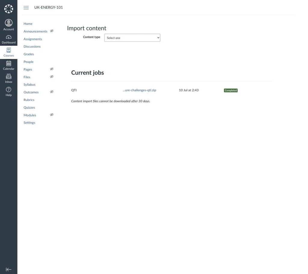 Canvas Current jobs list showing the QTI import marked as Completed
