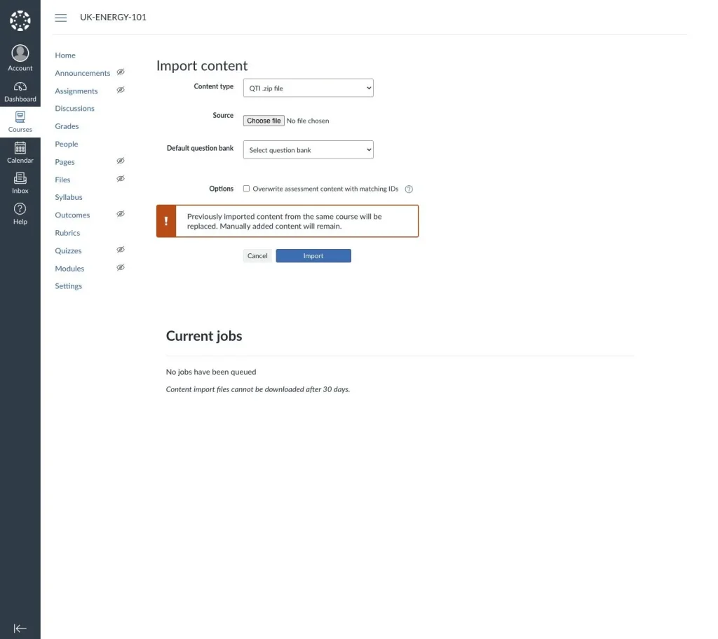 Canvas Import Content page with QTI .zip file selected as the content type