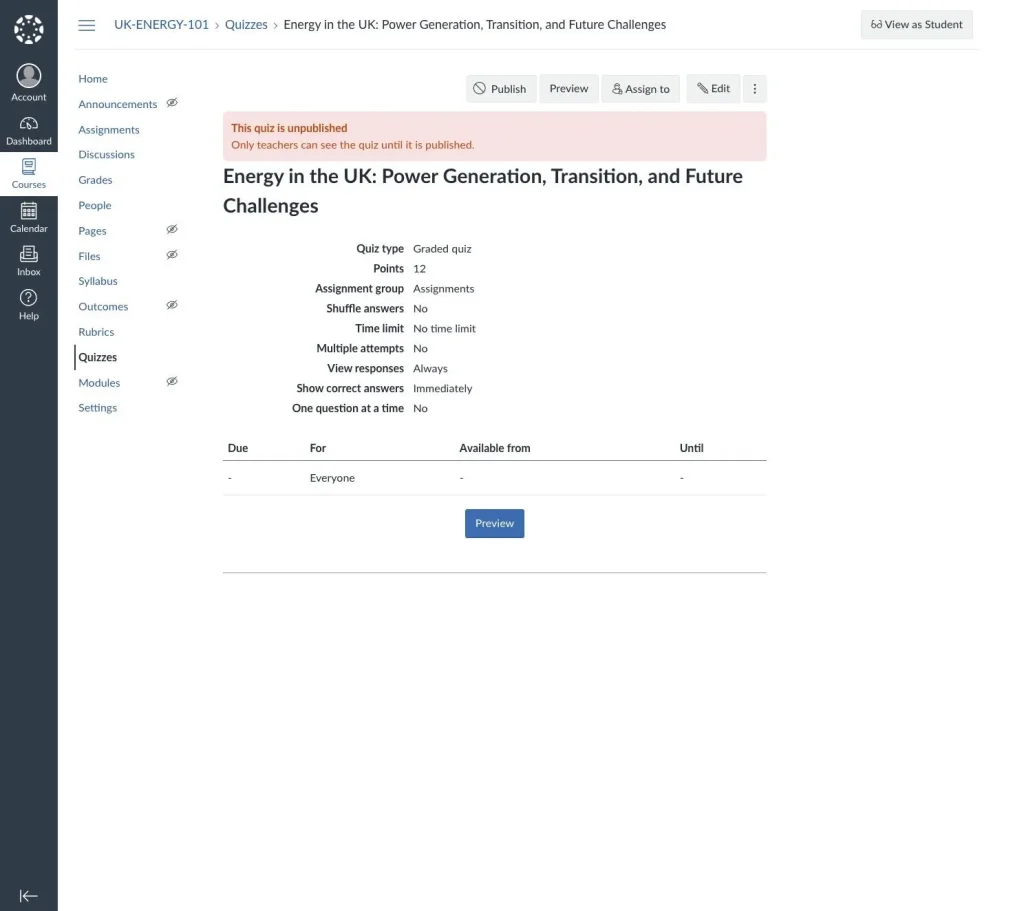 Canvas quiz detail page showing the imported quiz as unpublished, with a Publish button