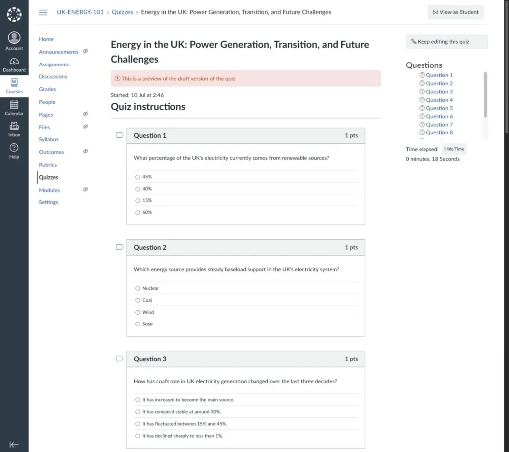 Canvas preview of the imported quiz with multiple-choice questions ready to answer