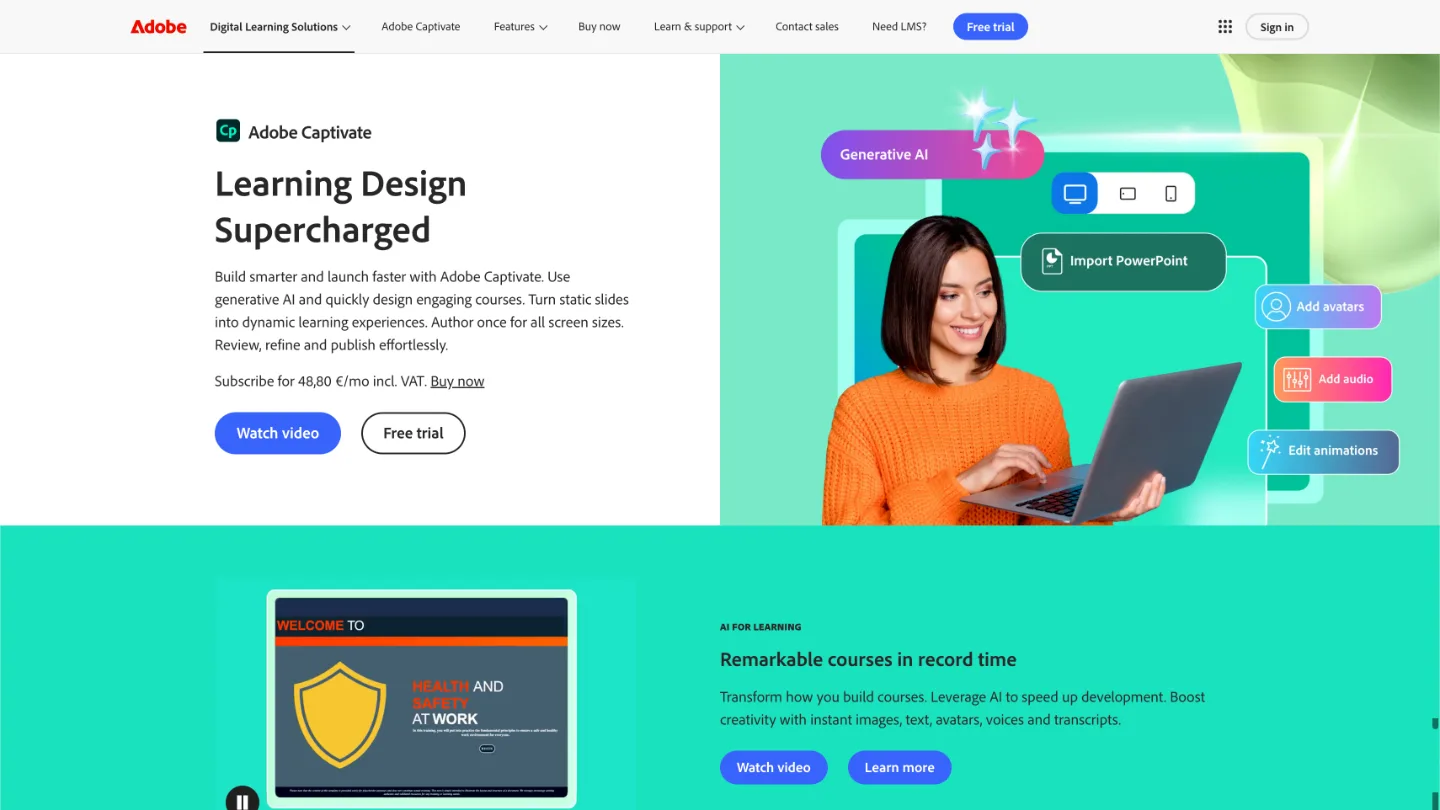 Adobe Captivate homepage, showing its generative AI course design