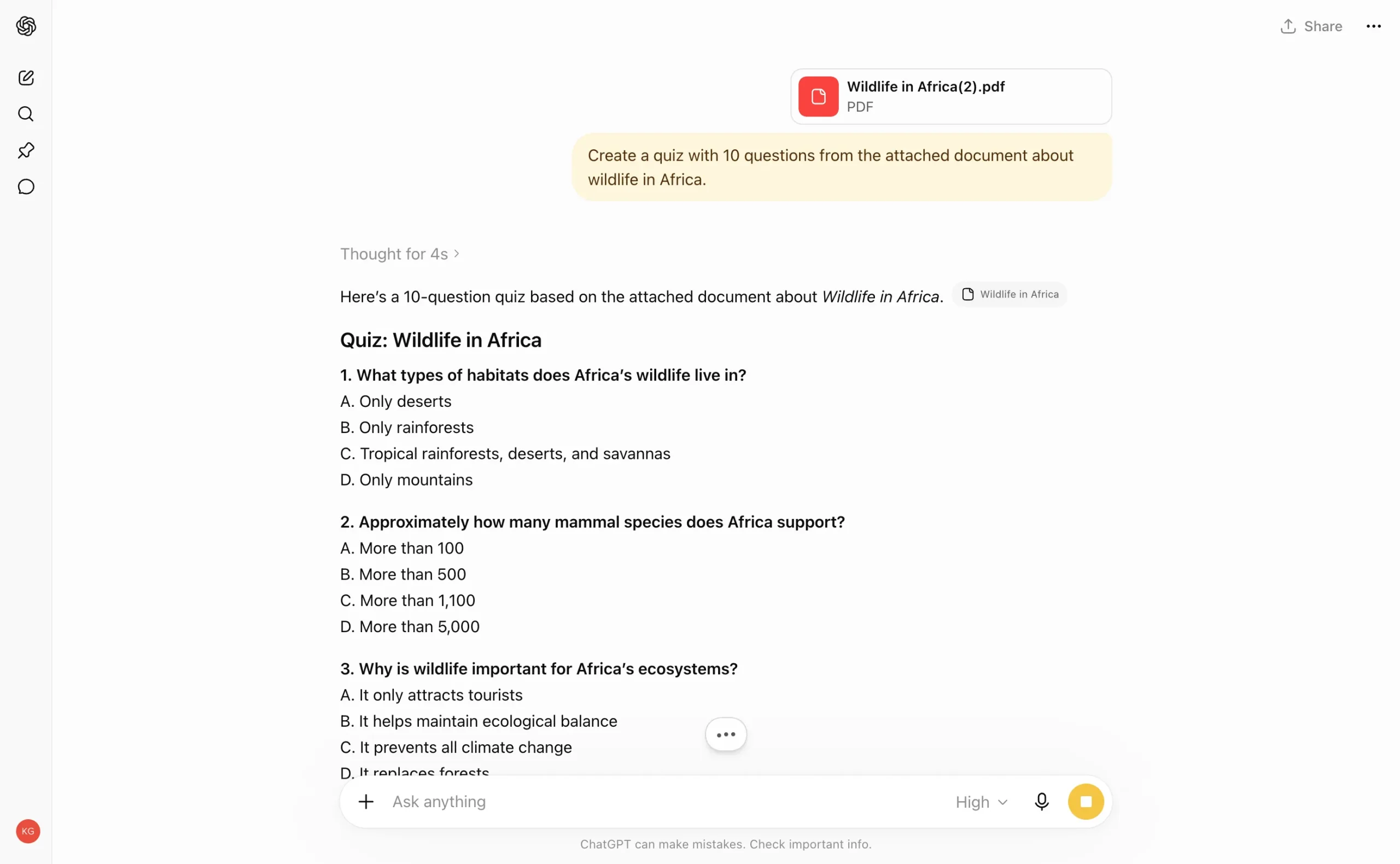 ChatGPT generated multiple-choice quiz from a document