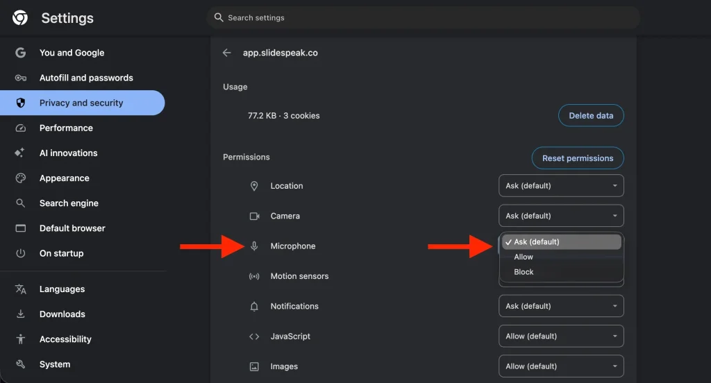 Microphone permission set to Allow in Chrome site settings for app.slidespeak.co