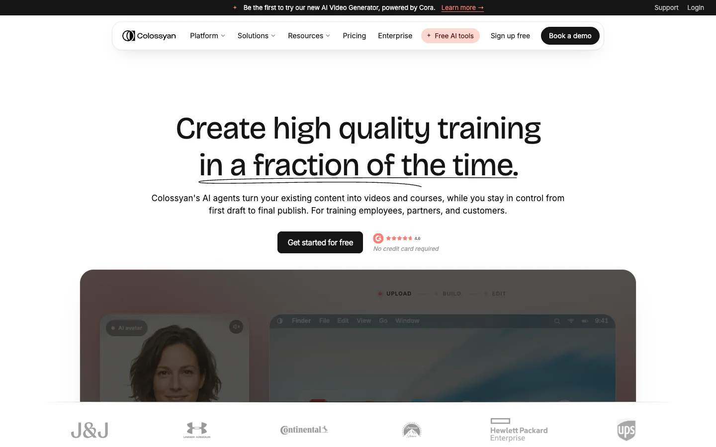 Colossyan homepage focused on creating high quality workplace training videos in a fraction of the time