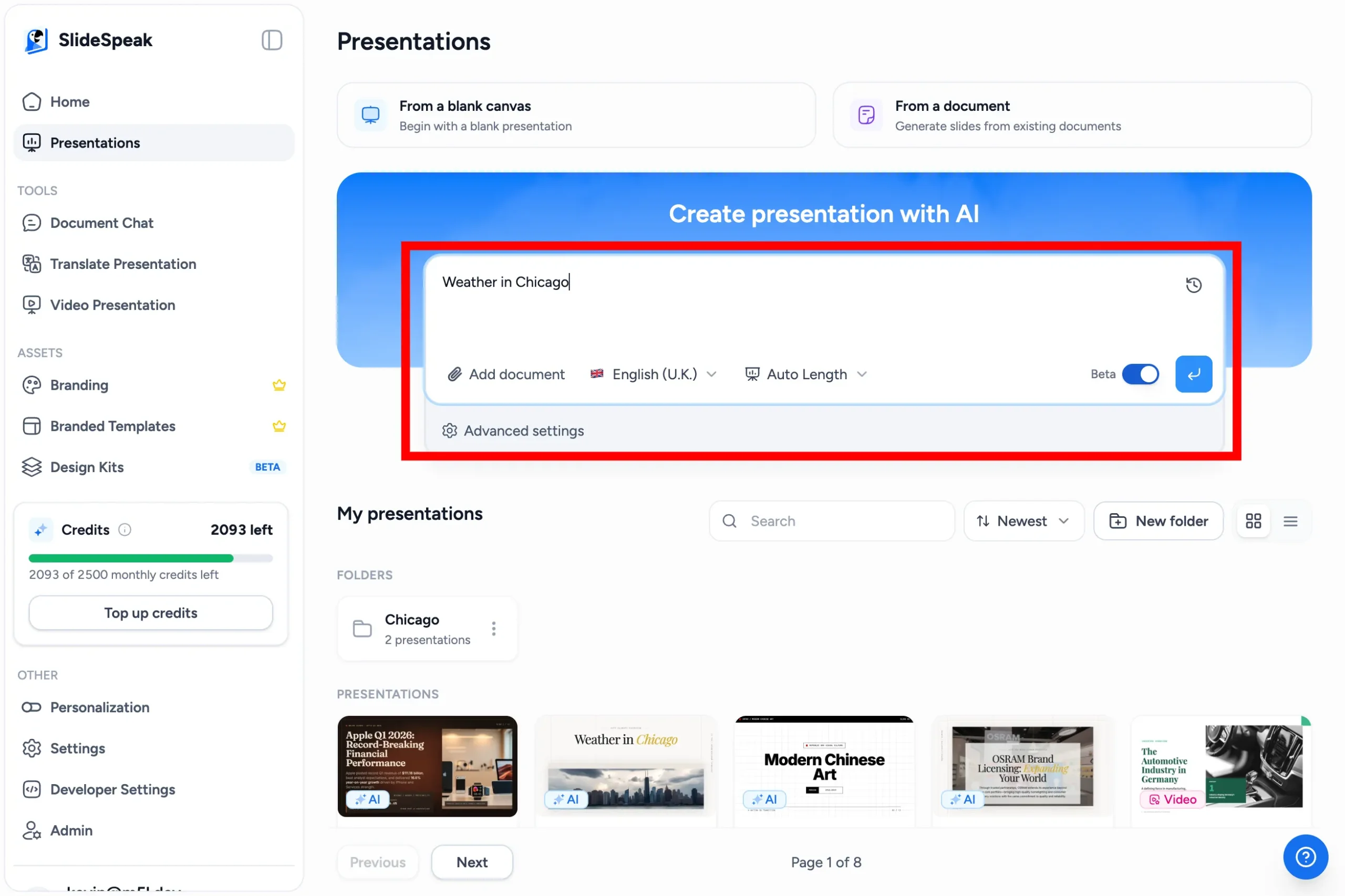 SlideSpeak Create presentation with AI prompt box