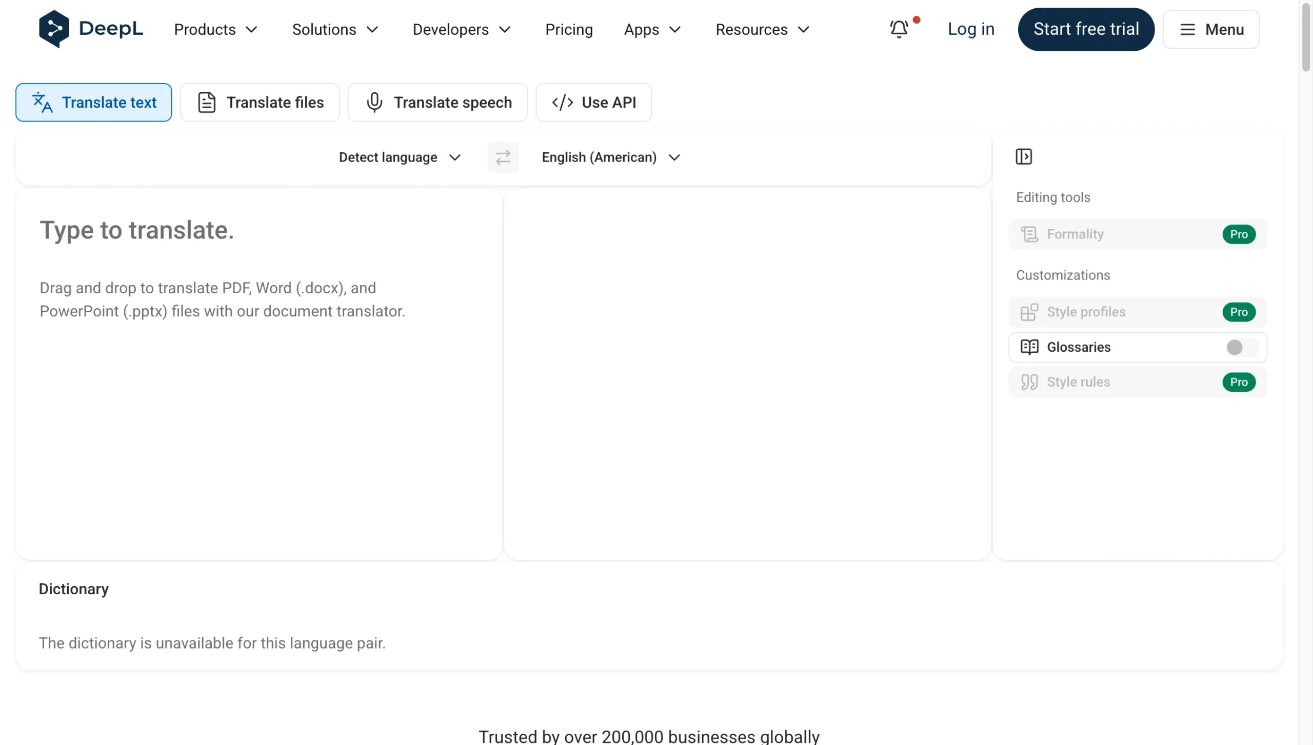 DeepL web interface with the Translate files tab
