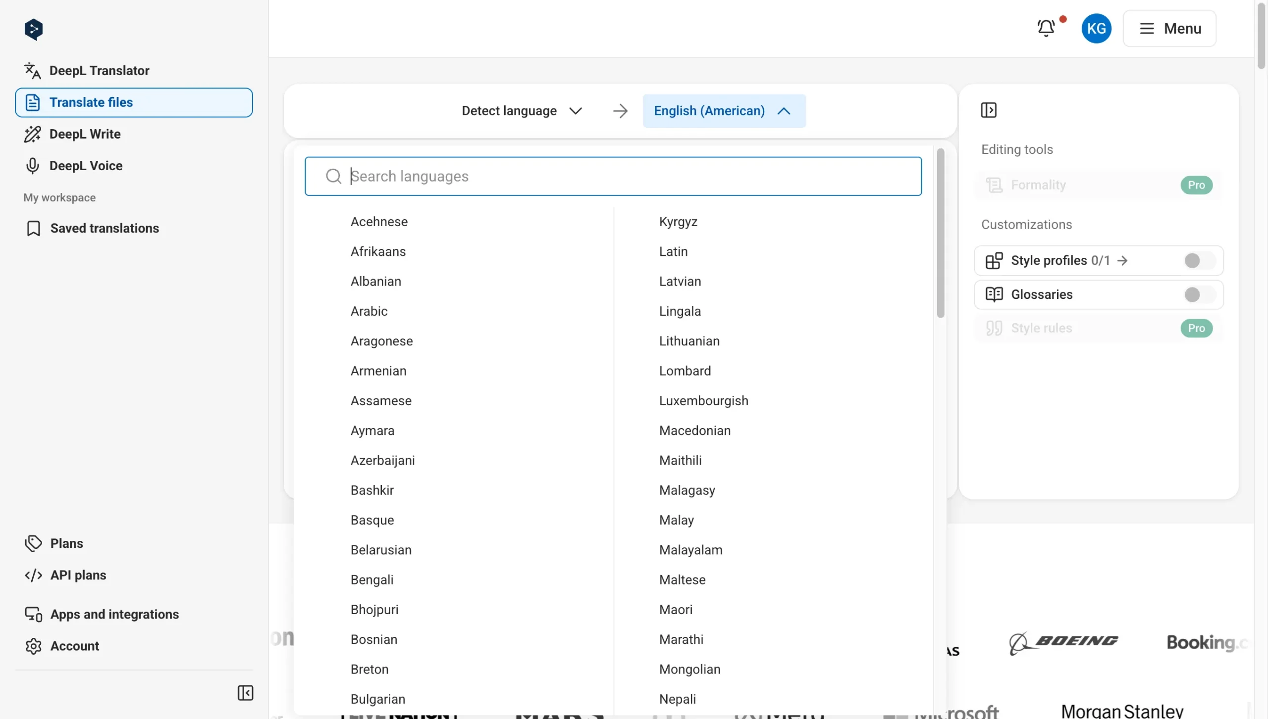 DeepL target language selection for document translation