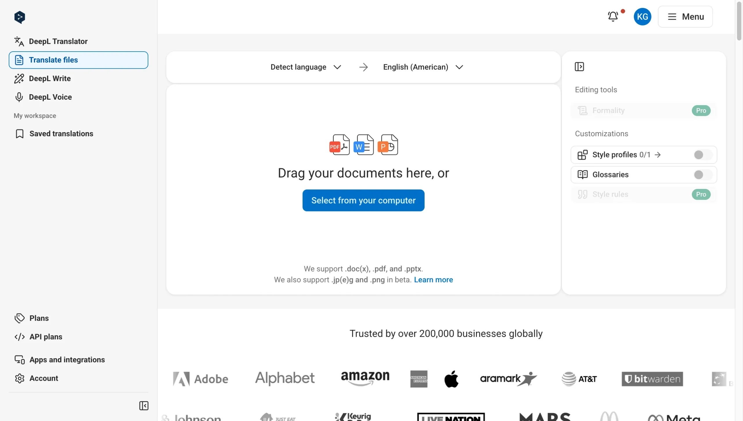 Uploading a document to DeepL's file translator