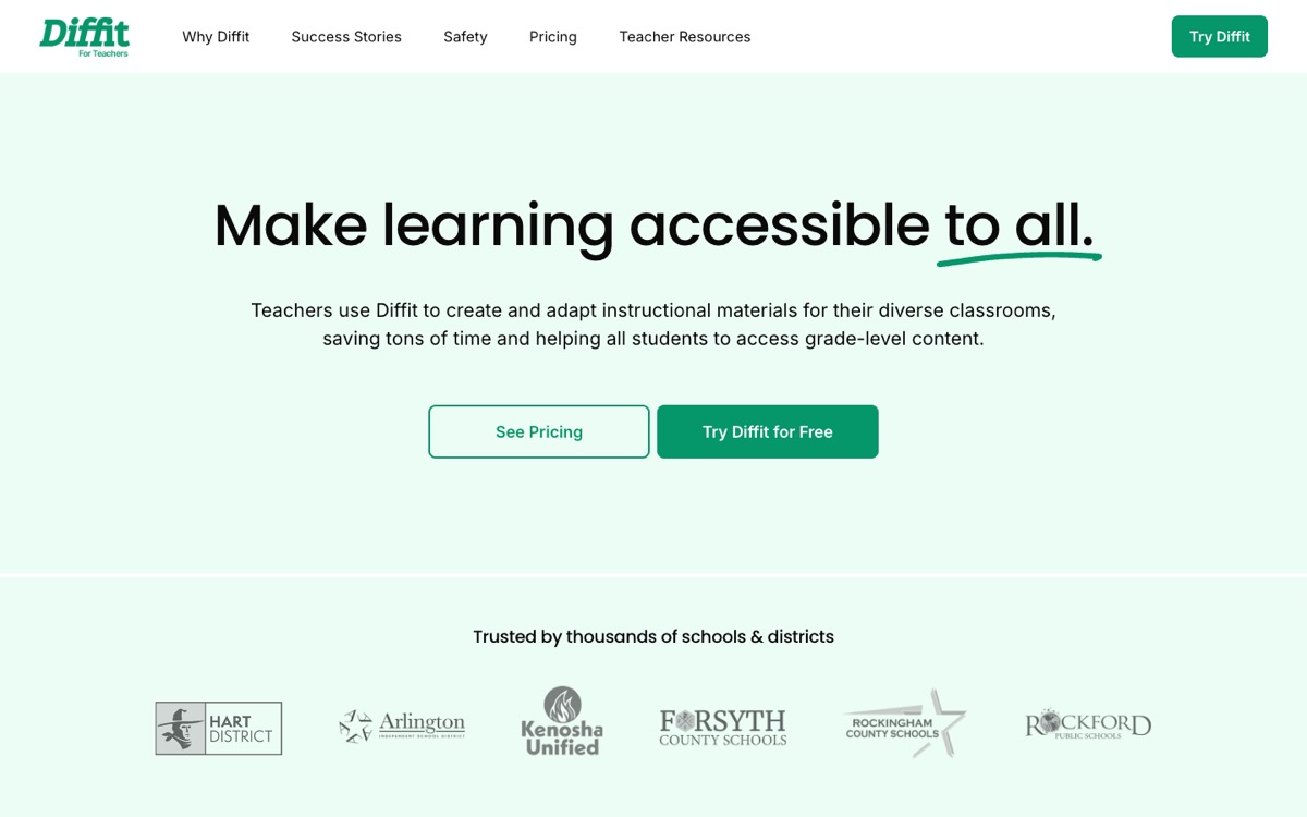 Diffit for Teachers homepage, AI tool for differentiated instruction
