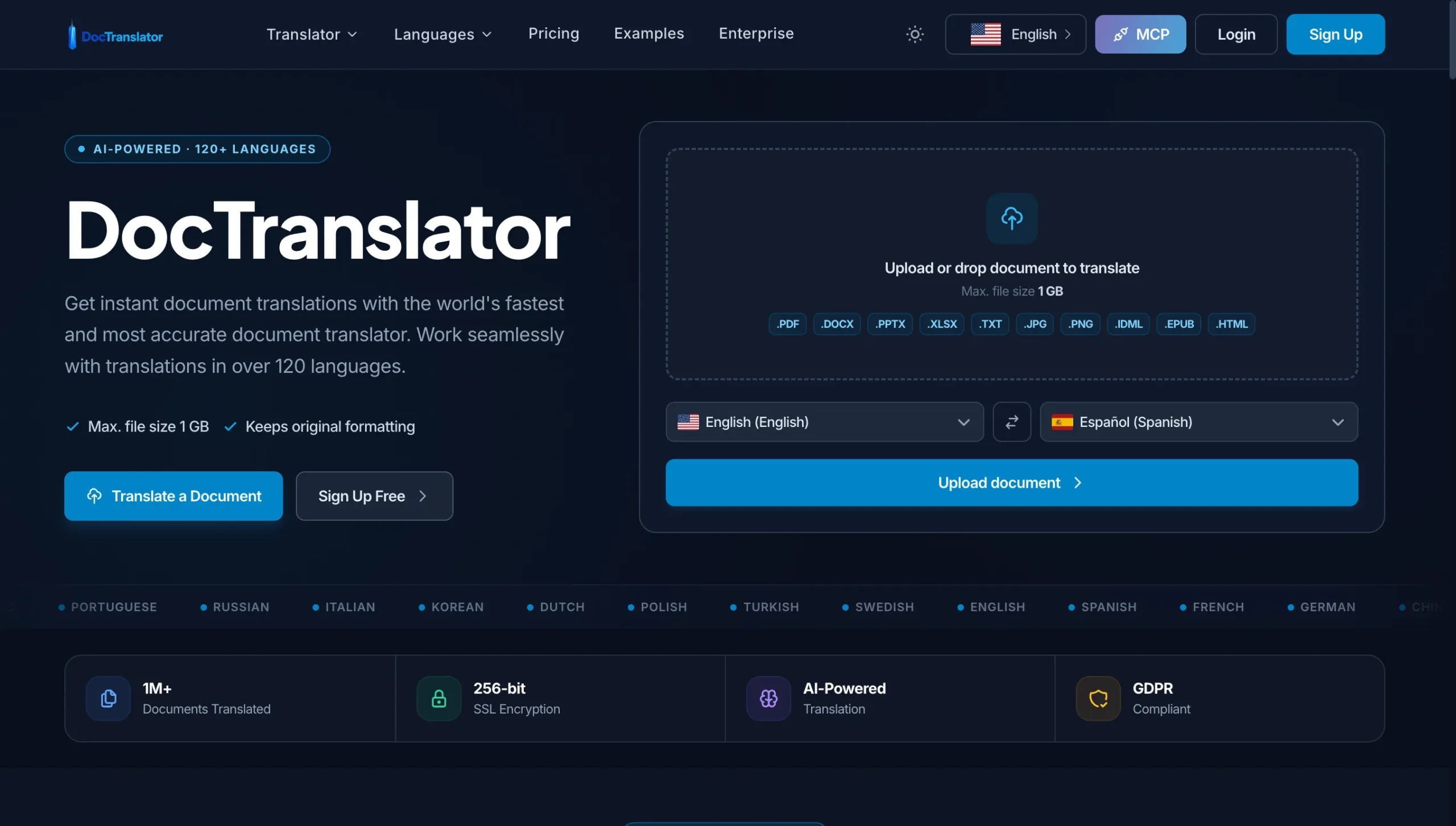 DocTranslator homepage with document upload form