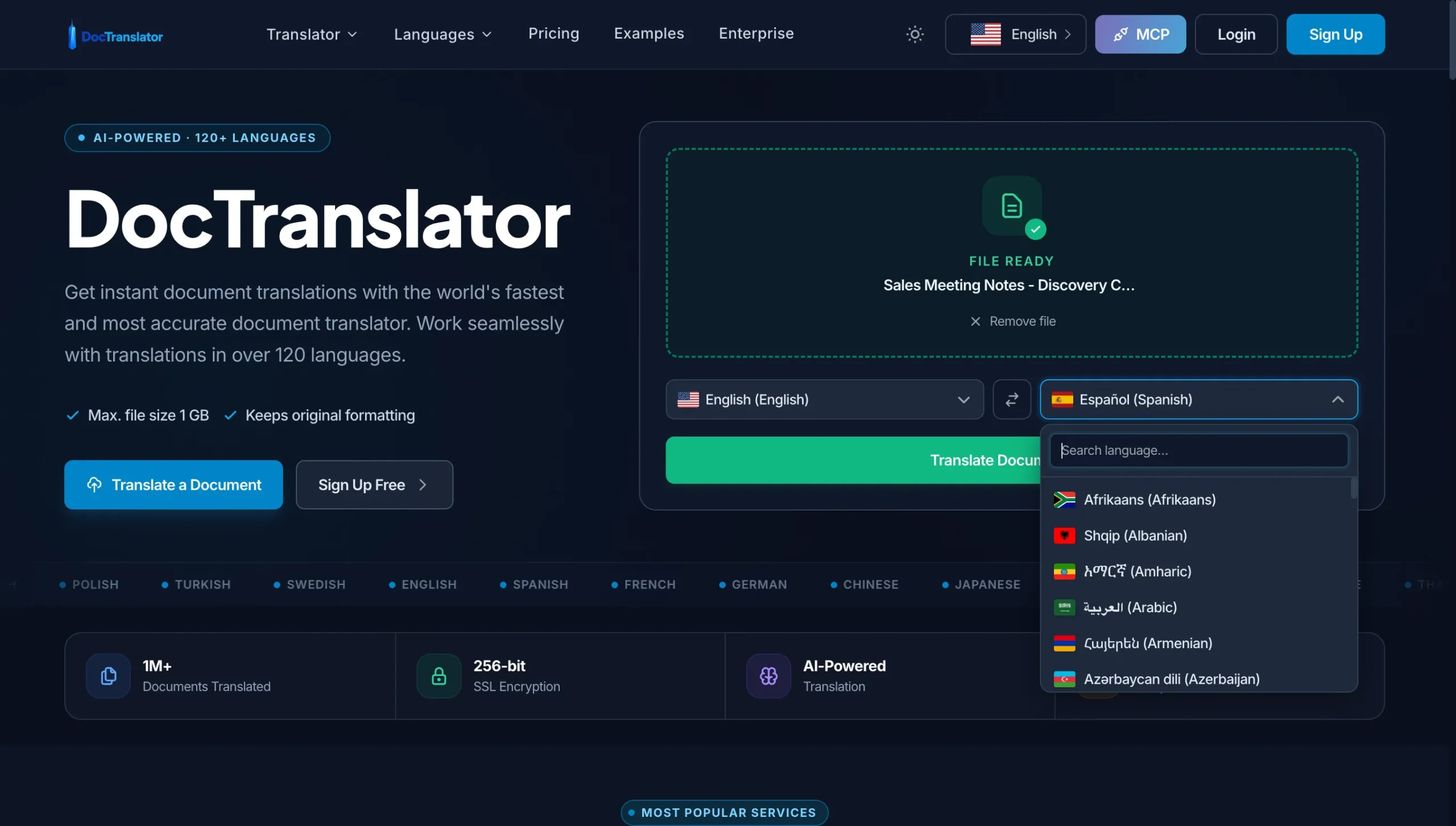 Selecting the target language in DocTranslator