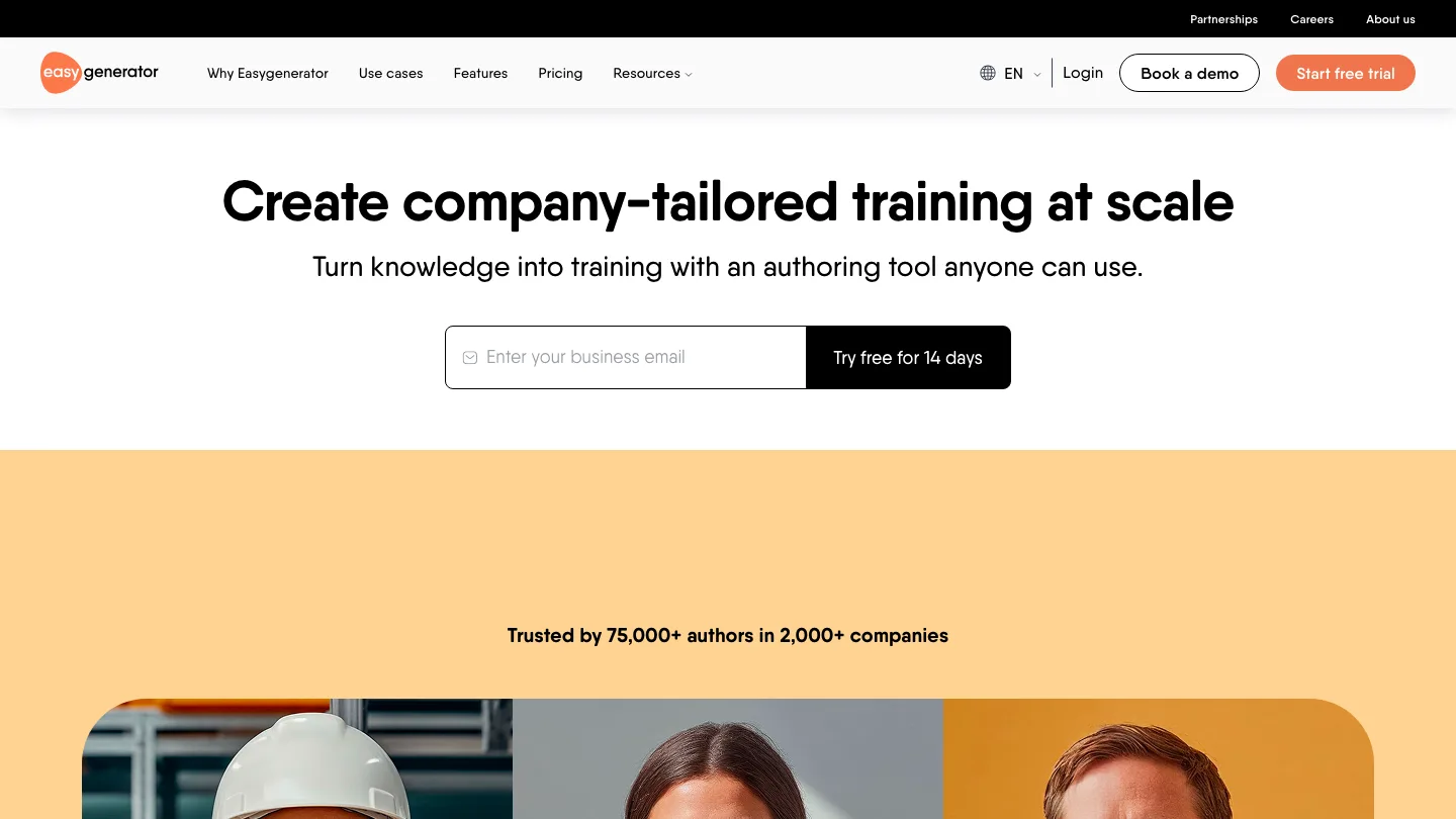 Easygenerator homepage, showing course authoring aimed at subject matter experts