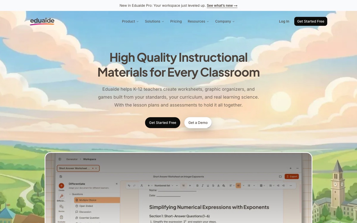 Eduaide.ai homepage showing instructional material generation for K-12 teachers